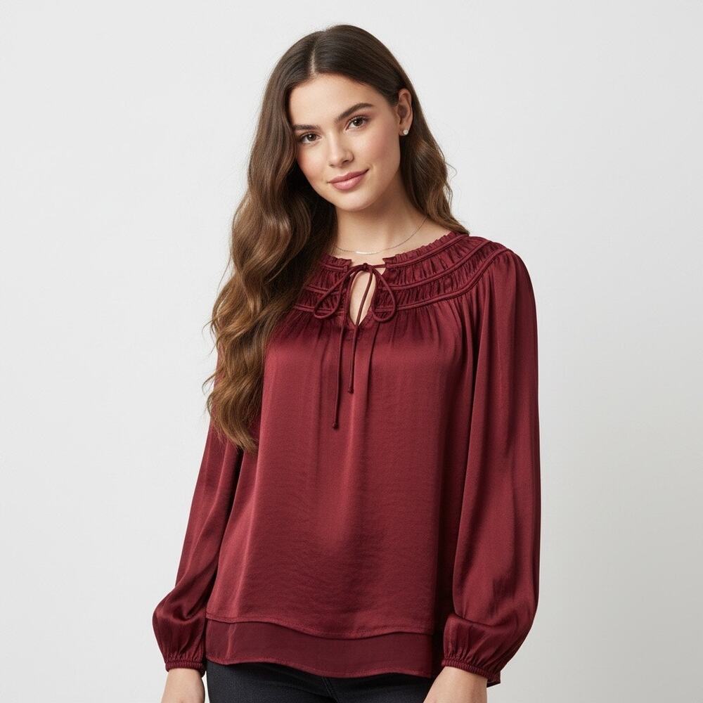 Lucky Brand Burgundy Satin Long Sleeve Peasant Blouse 2X Boho Romantic Flowy